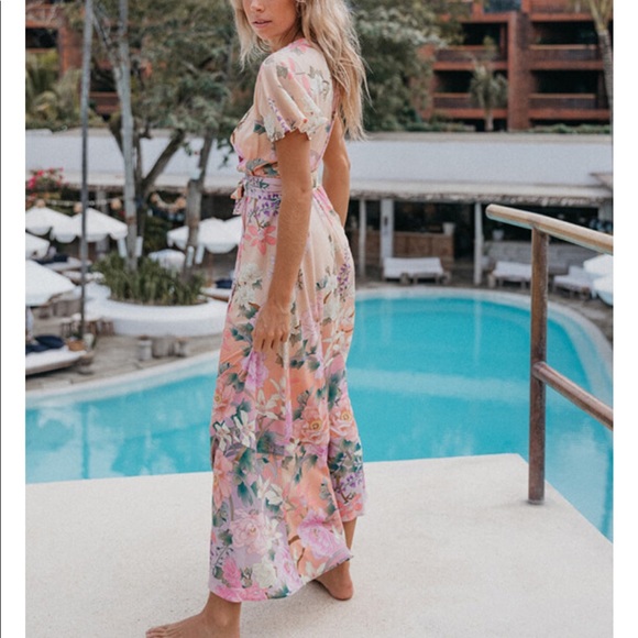 Pink Ruffle Boho Floral Gypsy Print Maxi Dress - Picture 7 of 11